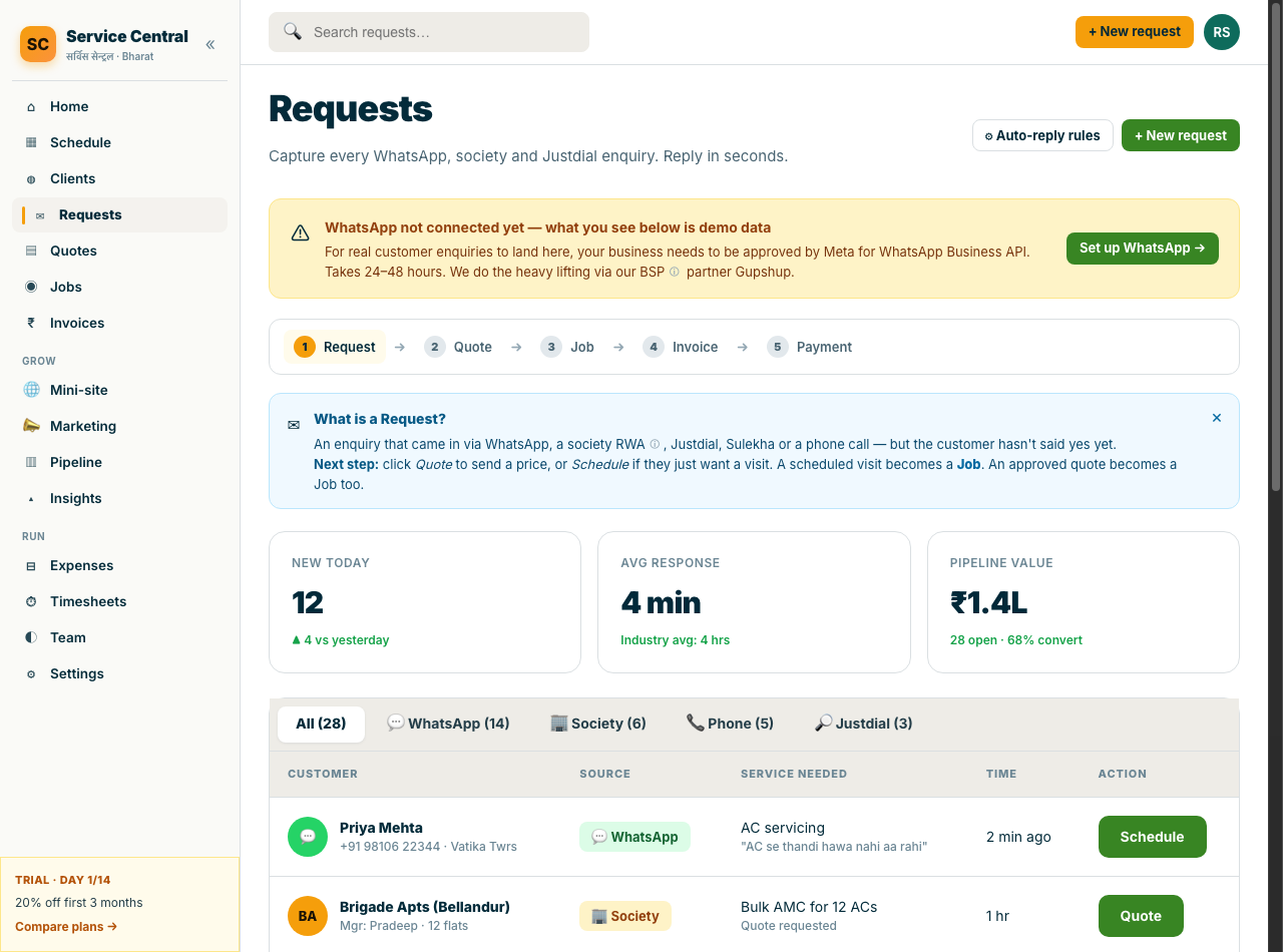 SevaSangam Requests inbox screenshot
